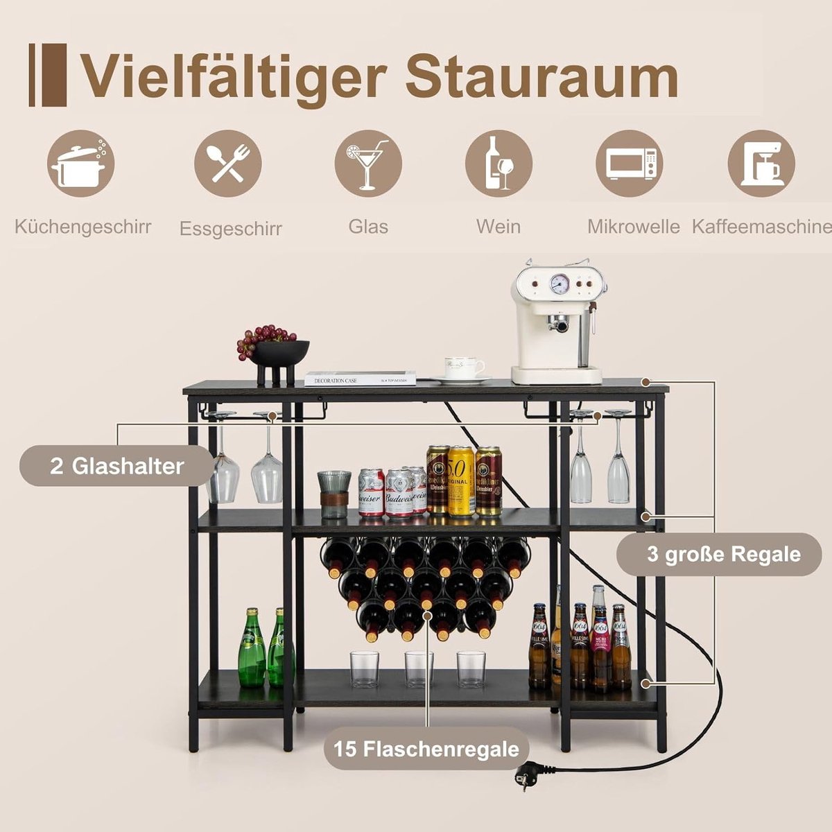 COSTWAY Wijnrek met glazen houder en planken, 3 niveaus, flessenrek met stopcontacten, voor 15 wijnflessen, industriële en vrijstaande wijnkast voor thuis, keuken, bar, 113 x 35 x 85 cm (grijs) — cadeau in Cadeau-ideeën - foto 8
