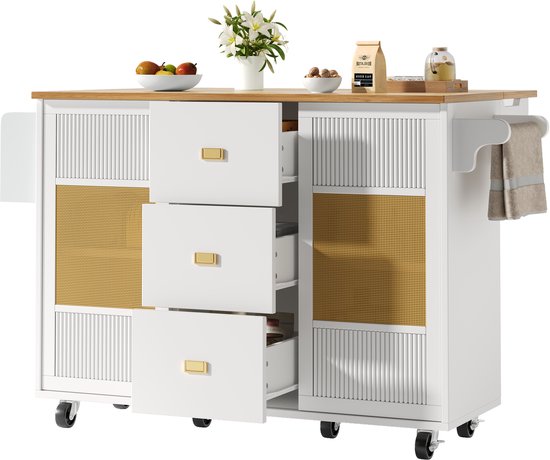 Îlot de cuisine, meuble de cuisine, meuble de cuisine, îlot de cuisine indépendant, buffet, 120 x 73 (45) x 93 cm, desserte de cuisine extensible avec roulettes, porte-serviettes, étagère à épices, étagères réglables, blanc