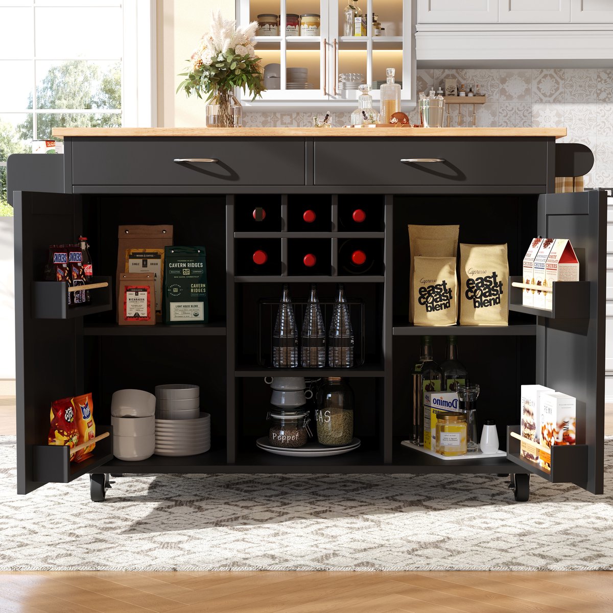 Modern keukeneiland (102×45×92cm), keukenkast, buffetkast, serveerwagen met houtnerf, buffetkast, multifunctionele eettafel met opbergruimte, zwart