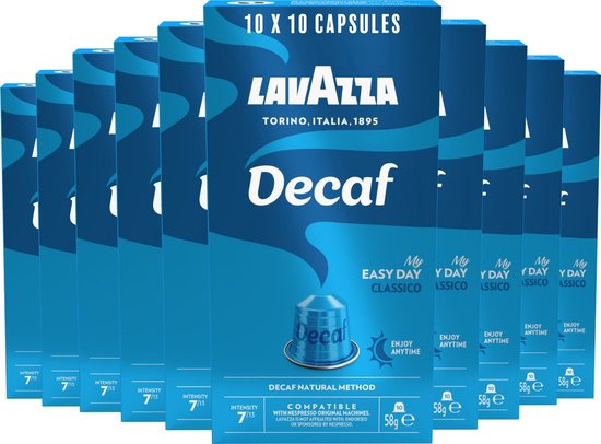 Lavazza Espresso Decaffeinato Koffiecups - 100 Nespresso Cups - Koffie Caffeïnevrij - Arabica & Robusta - Intensiteit: 7/13 - 10 x 10 Aluminium Capsules