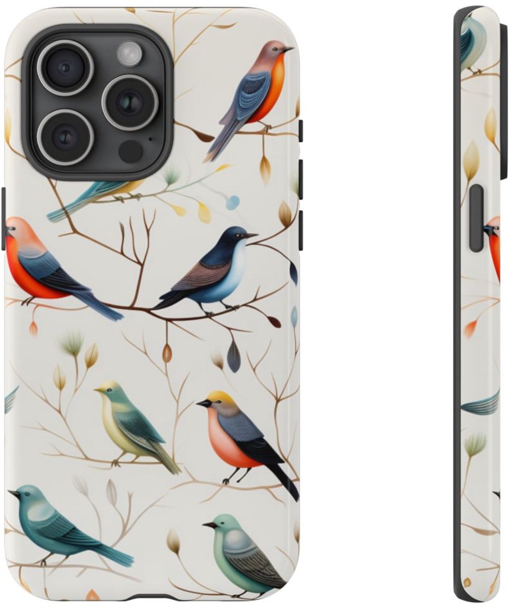 Vrolijke Vogels op Takken Patroon – Telefoonhoesje Geschikt voor iPhone 15 Pro Max