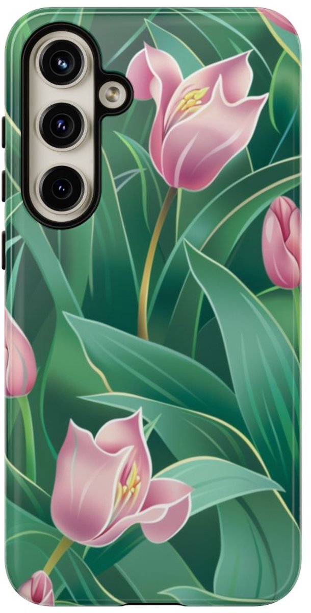 Roze Tulp Bloemenpatroon – Telefoonhoesje Geschikt voor Samsung Galaxy S24 Plus