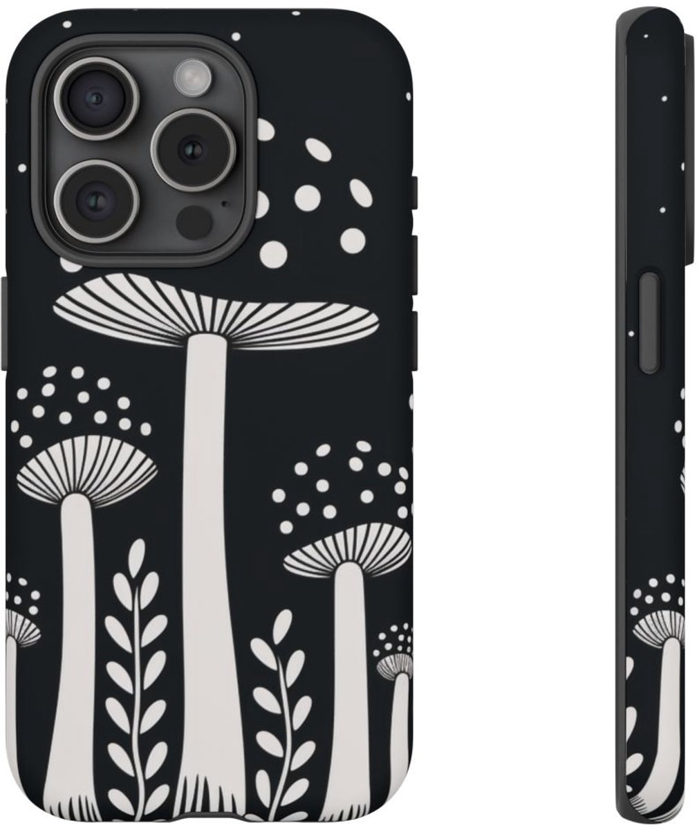 Zwart-Wit Paddenstoelenpatroon – Telefoonhoesje Geschikt voor iPhone 15 Pro