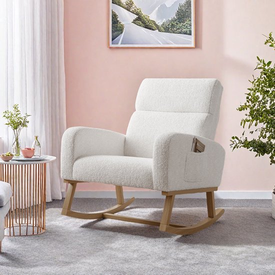 Schommelstoel in teddy stof, comfortabele relaxstoel met armleuningen, wit, moderne woonkamerstoel