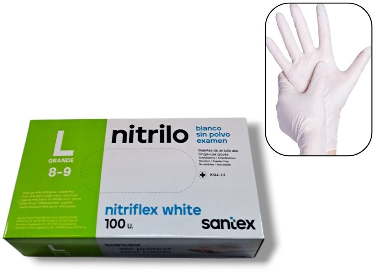 Santex - 100x Wegwerp Handschoenen - Nitrile - Wit - Powder Free - Latex free - Maat L