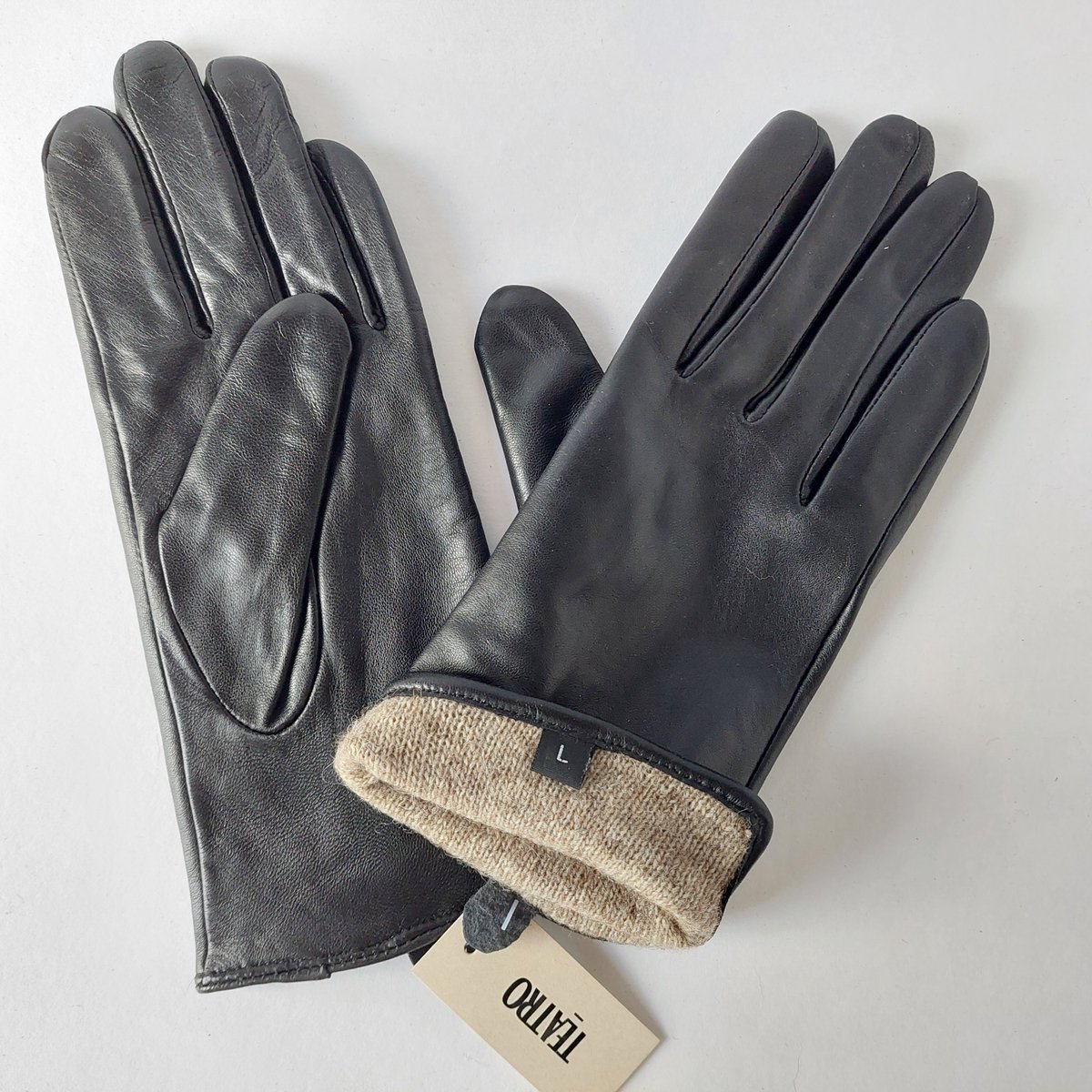 handschoen dames zwart - maat L - schapenleer - exclusief - top kwaliteit - Italy - wol/acryl