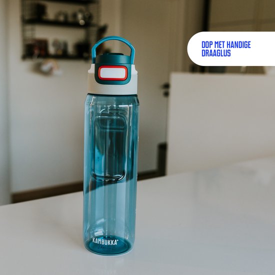 Bouteille Kambukka transparente bleu de 1L avec une poignée bleue sur le bouchon.