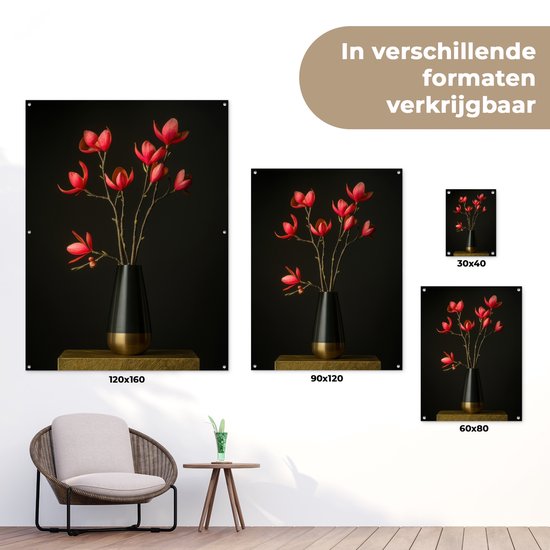 Tuinposter 90x120 cm - Tuindecoratie Rode - Bloemen - Vaas - Poster voor in de tuin - Buiten decoratie - Schutting tuinschilderij - Tuindoek muurdecoratie - Wanddecoratie balkondoek