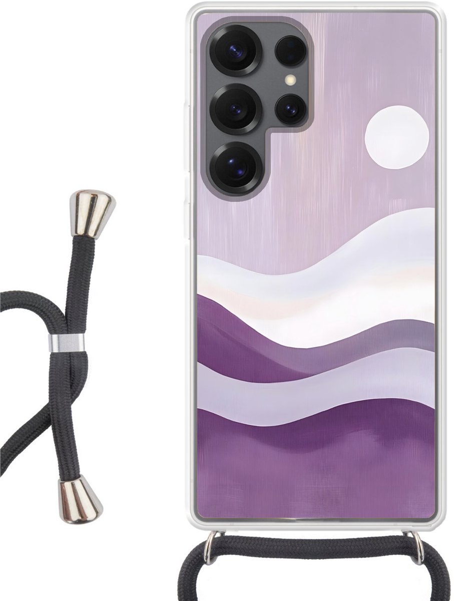 Telefoonhoesje Geschikt voor Samsung Galaxy S25 Ultra - Golven - Heuvels - Abstract - Paars - Siliconen - Crossbody - Backcover met Koord - Telefoonhoesje met koord - Hoesje met touw Telefoonhoesje