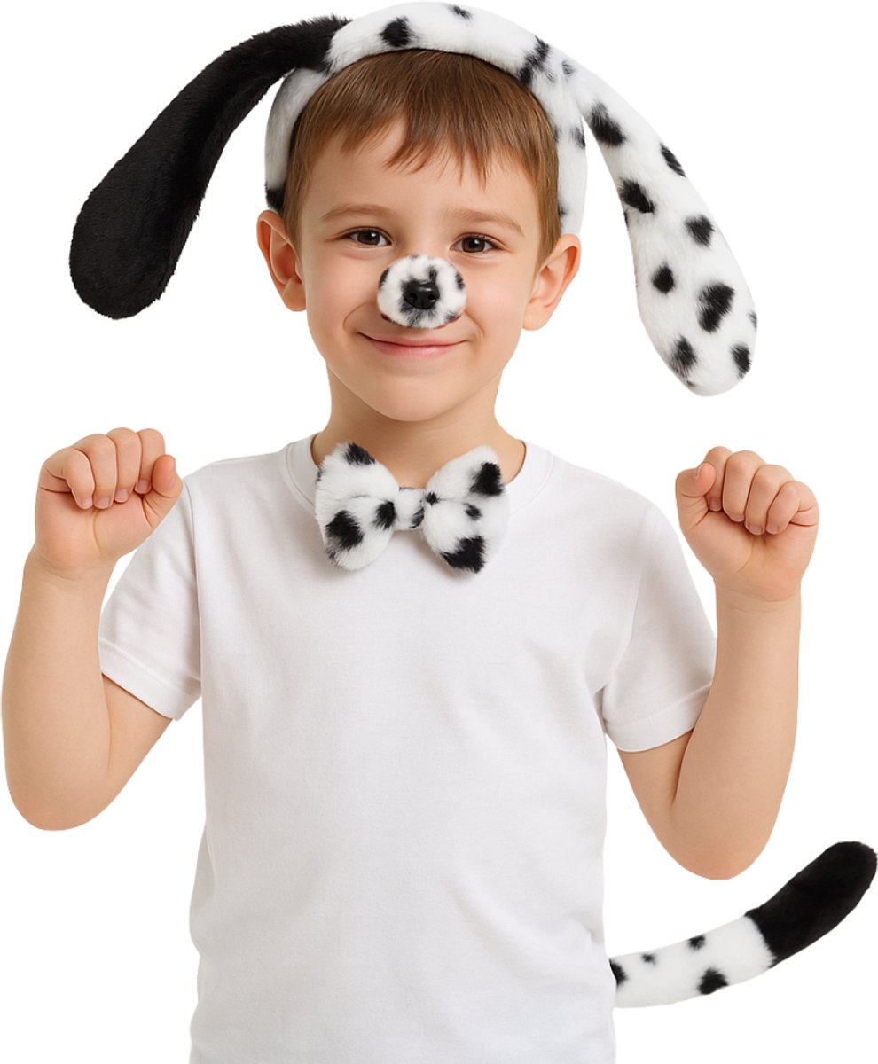 Joya Kids® Hond Dalmatier Verkleed Accessoires | Verkleedset Honden | Meisjes en Jongens en Volwassenen Verkleedpak Puppy | Carnaval en Halloween Outfit kinderen en Volwassen | Haarband met Oren, Neus, Staart en Strik | Zwart Wit met Stippen — afbeelding 10