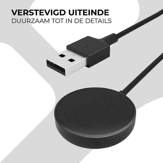 Zwarte ronde smartwatch oplader met verstevigd uiteinde van de USB-A kabel.