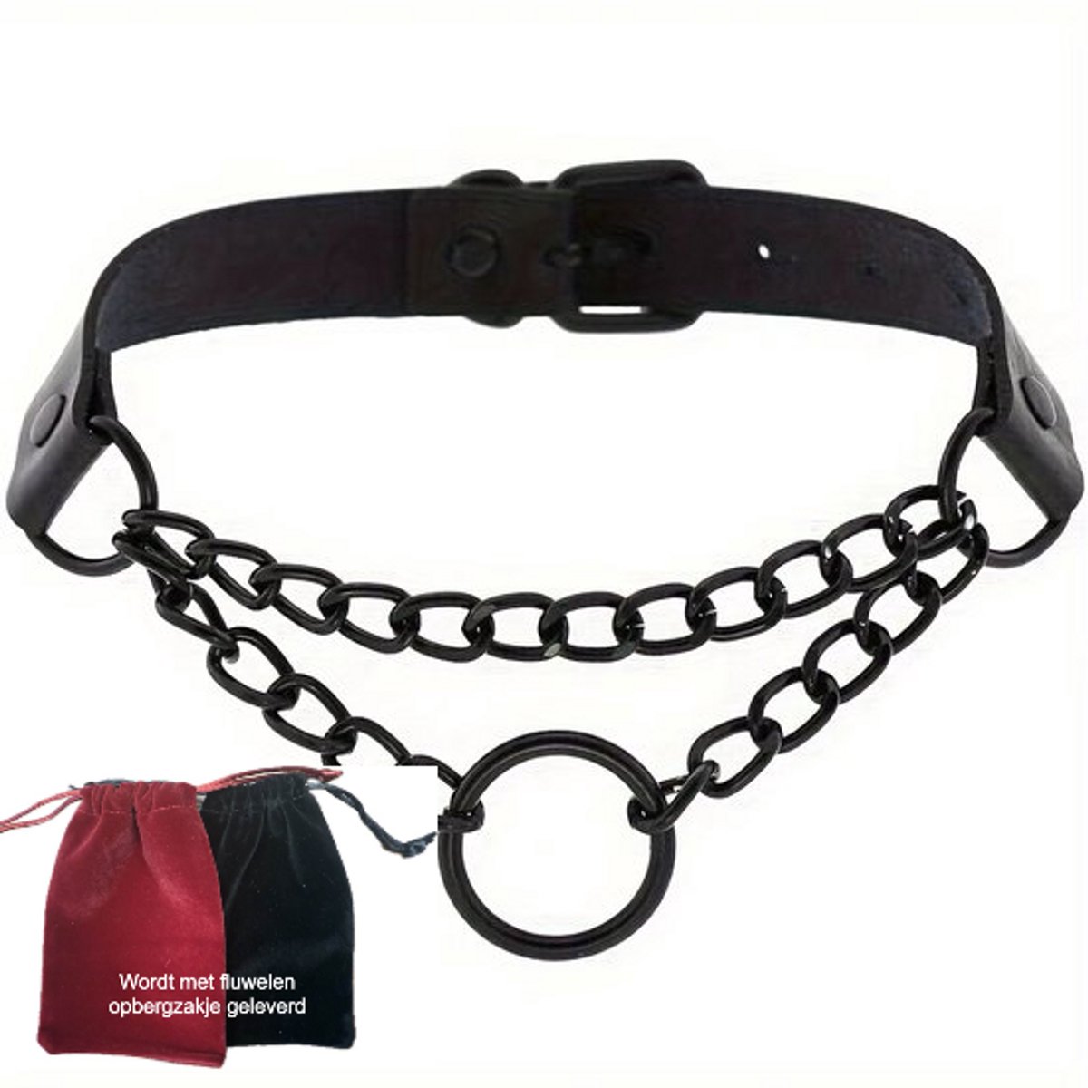 Choker met ring ketting zwart – Gothic PU-leer Halsketting – Verstelbaar – Geschikt voor 40 cm hals