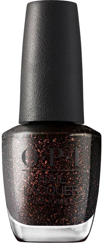 Flesje OPI Nail Lacquer met donkere bruine lak en koperkleurige glitters.