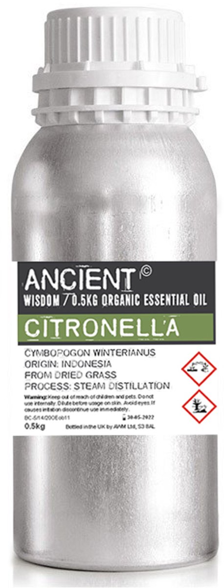 Biologische Etherische Olie Citronella 500ml - Essentiële Olie in Bulk - Essentiële Citronella Olie Ancient Wisdom - Aromatherapie