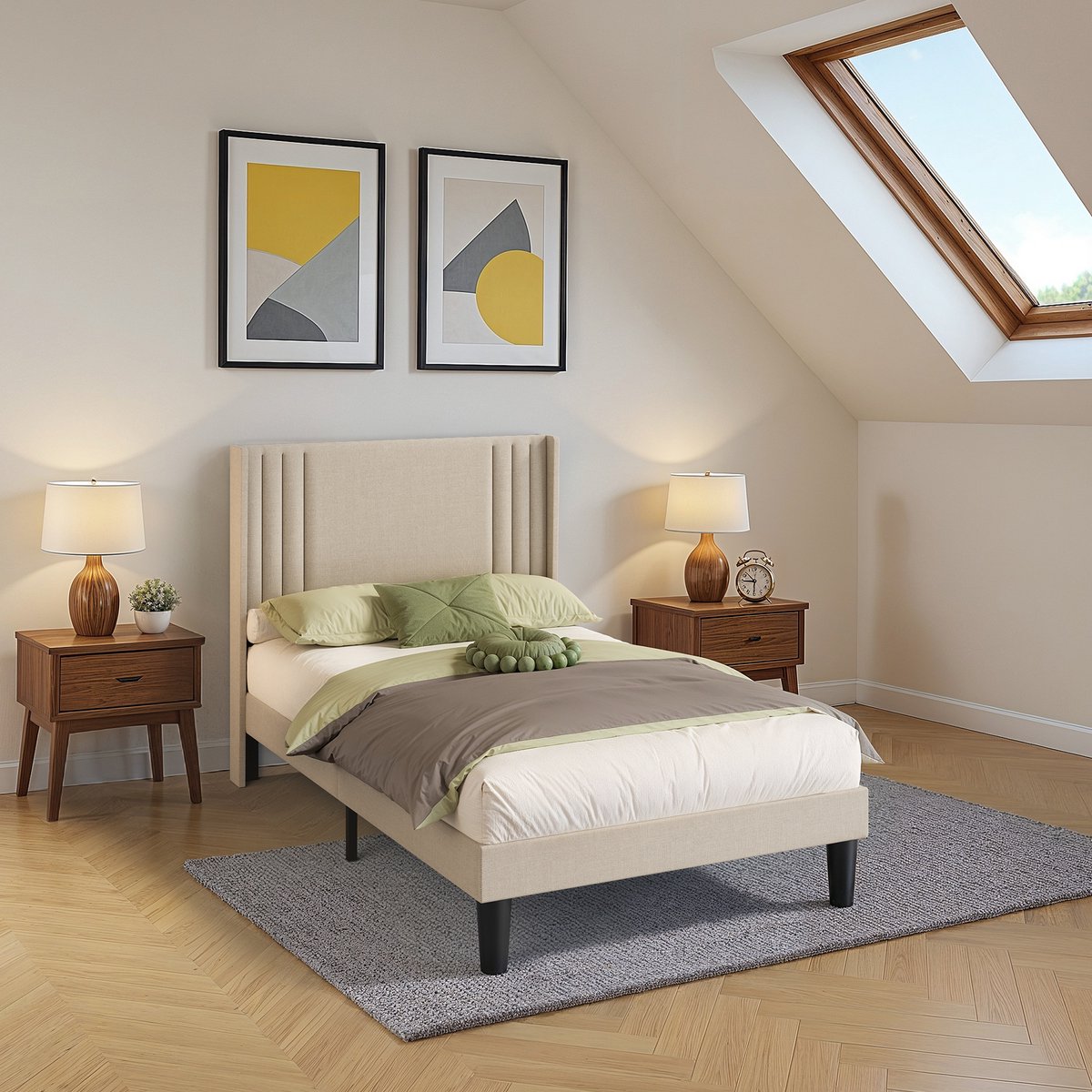 Xbro Gestoffeerd Bed 120 x 200 cm-Tweepersoonsbed met Hoofdbord en Lattenbodem-Beige