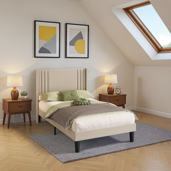 Lit double Xbro avec tête de lit capitonnée – 120 x 200 cm – Cadre de lit plateforme avec Lattes en bois – Moderne et robuste – Gris foncé – Sommier non Geen