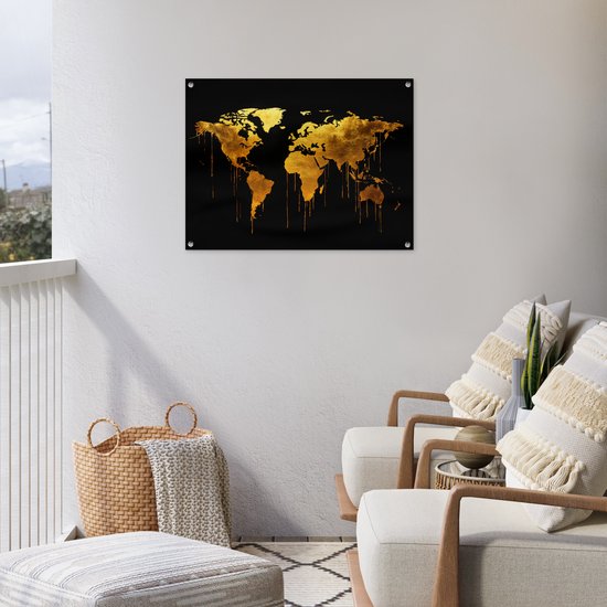 Tuinposter 80x60 cm - Tuindecoratie Wereldkaart - Goud - Druipen - Zwart - Poster voor in de tuin - Buiten decoratie - Schutting tuinschilderij - Tuindoek muurdecoratie - Wanddecoratie balkondoek