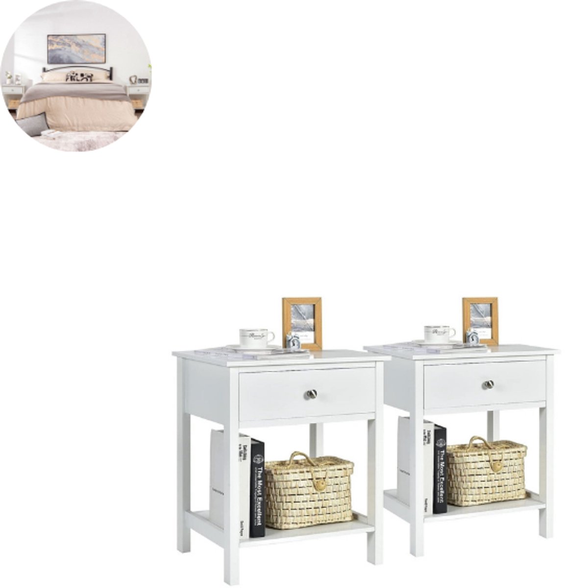 Nachtkastjes - Set van 2 - Wit - Hout - Met Lade - 48 cm × 40 cm × 58 cm (l x b x h)