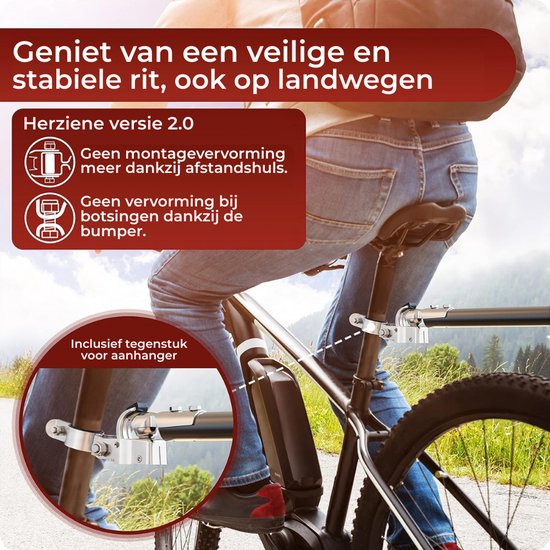 Een fiets met een bevestigde aanhanger en aanduidingen voor de herziene versie 2.0.