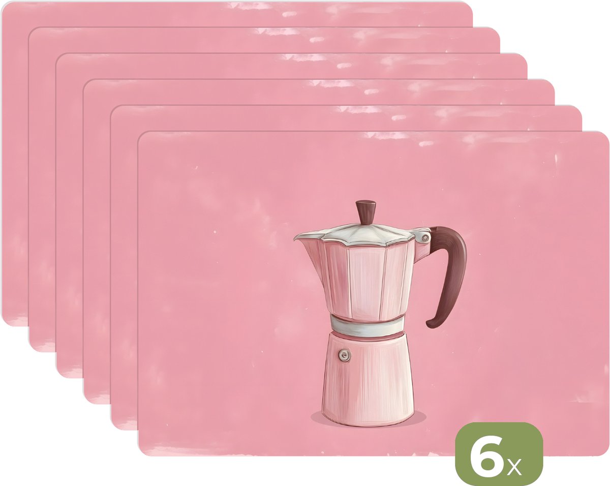 Placemats - 6 stuks - 45x30 cm - Placemat kunststof - Roze - Mokkapot - Illustratie - Koffie - Borden onderleggers - Decoratie voor op tafel - Keuken tafeldecoratie accessoires - Vinyl onderlegger - Tafelversiering