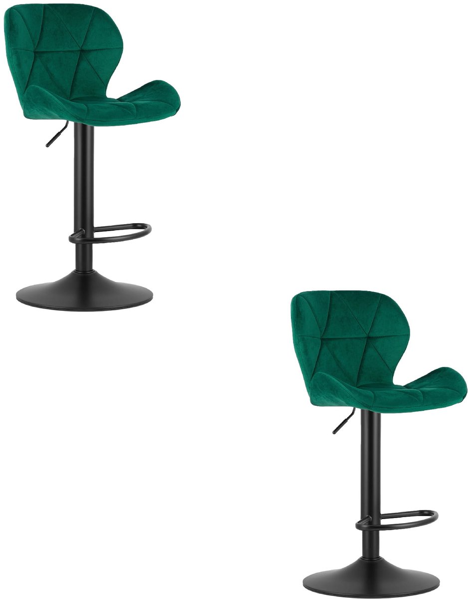 Set van 2 Barkrukken WEST – Velvet Groen, Zwarte Basis, Rugleuning, Verstelbare Hoogte, 360° Draaibaar, Comfortabele Voetsteun, Antislip Onderstel, Modern Design, Max. 110 kg