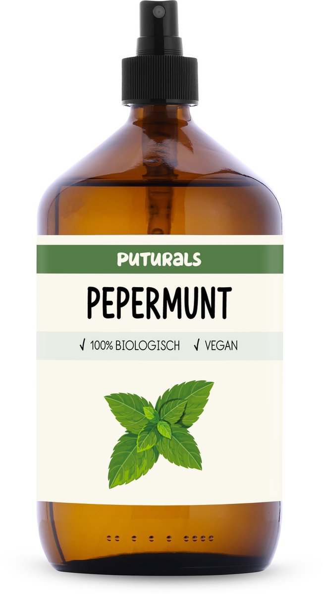 Puturals Pepermuntwater 100% Biologisch - 1000ml - Puur en Vegan - Pepermunt Spray voor Huid en Haar - Zonder Alcohol - Bijproduct van Pepermunt Olie - Bruine Glazen Fles + Verstuiver