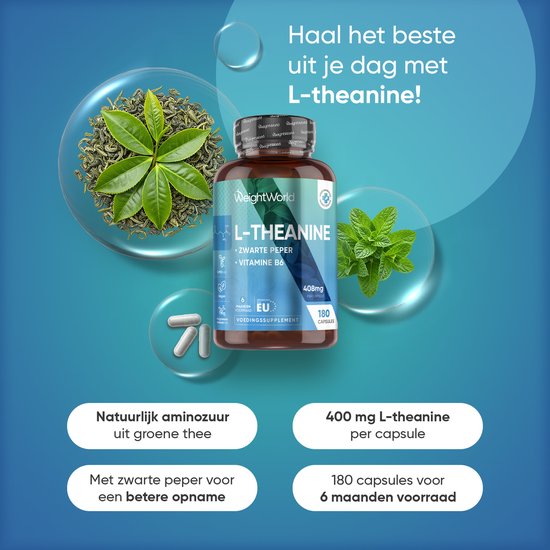 WeightWorld L-Theanine met Zwarte Peper en Vitamine B6 - 400 mg per portie - 180 vegan capsules voor 6 maanden
