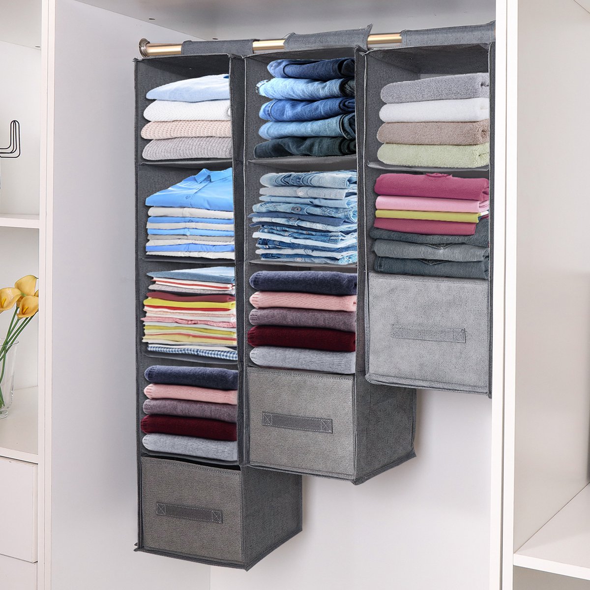Qelus Kast Organizer Hangend - Opvouwbaar Hangende Opberger met 3 Vakken voor kledingkast - 27x27x60cm - Grijs