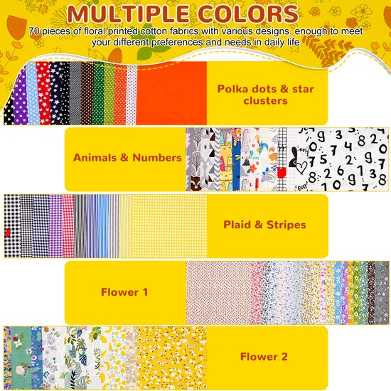 Creativeally 70 Pièces Tissus Coton - Tissus Patchwork Tissus - 25x25 cm - Coudre DIY - Literie - Quilt - Patchwork - Pack de 70 Pièces de Tissu - DIY Tissu Coton Imprimé Floral C