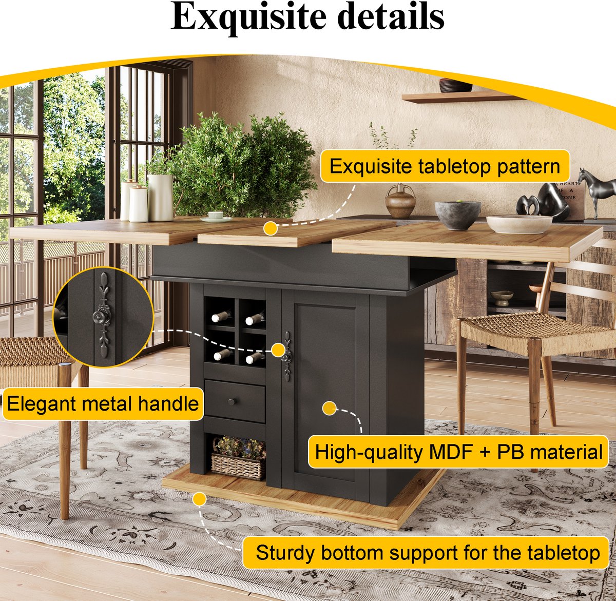 Opklapbare eettafel voor 4 - 6 personen - 110-140 x 80 x 75 cm - uitschuifbaar - met 1 deur 2 laden - MDF - wit