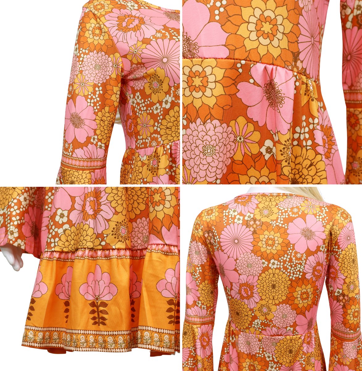 Joya Party® Hippie Verkleedjurk Dames Oranje Roze | Jaren Flower Power Kostuum | Inclusief Haarband | Verkleedkleding Bloemen Volwassenen | Stretch Stof | Carnaval / Themafeest | — afbeelding 6