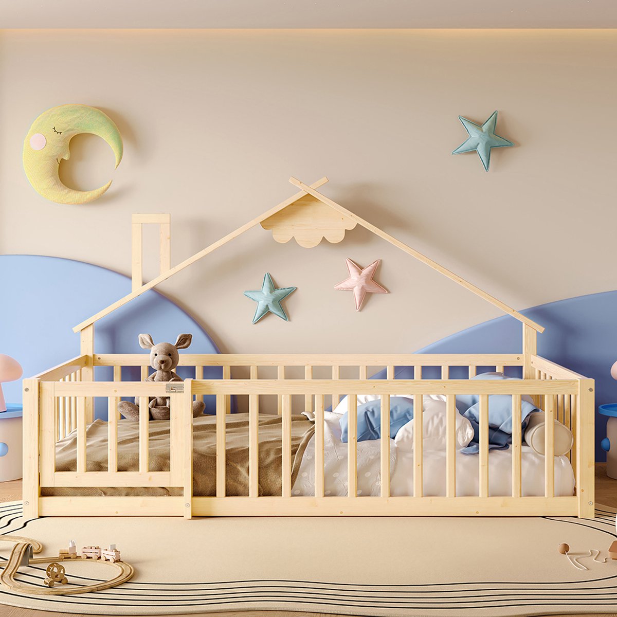 Komhtom Plat bed, 90x190 cm, kinderbed, rand, hekje met slot, grenenhout, naturel