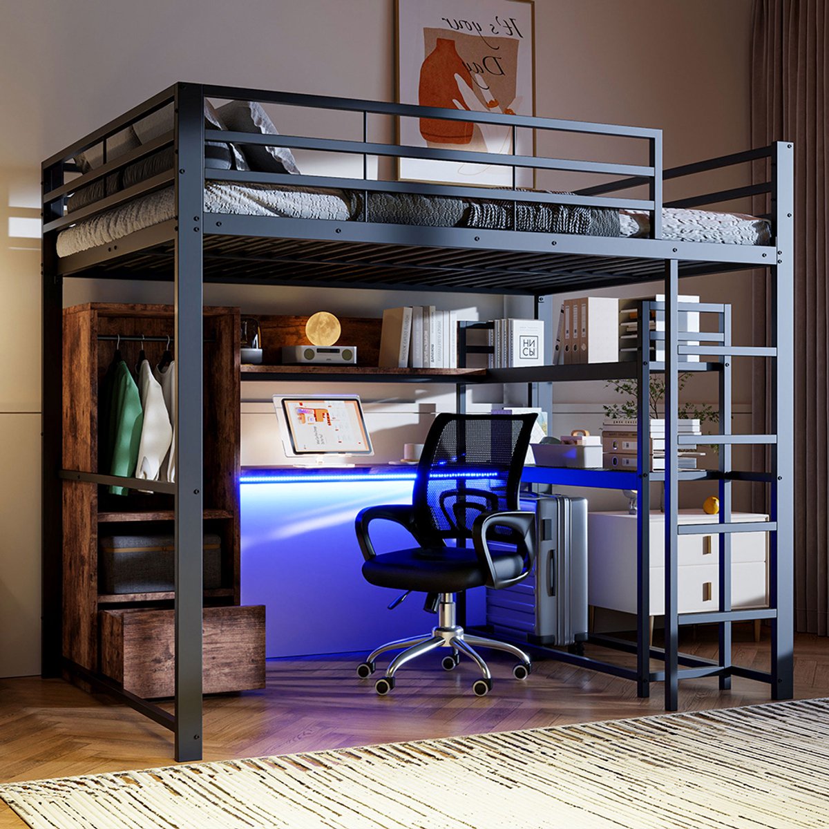 KOMHTOM Hoogslaper, 140 x 200 cm, metalen bed, met ledlampen, bureau, 1 lade, planken, veiligheidshekken, trap, zonder matras, zwart