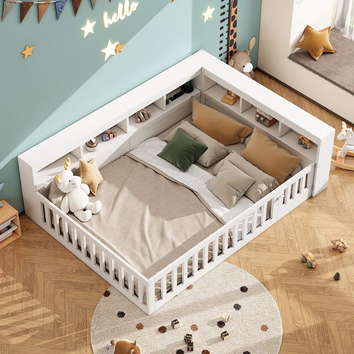 Komhtom Dagbed, 140*190 cm, slaapbank, bedzijde met opbergvak, bed met lattenbodem (zonder matras), bedhek, spaanplaat, met stopcontact en USB-poort, wit