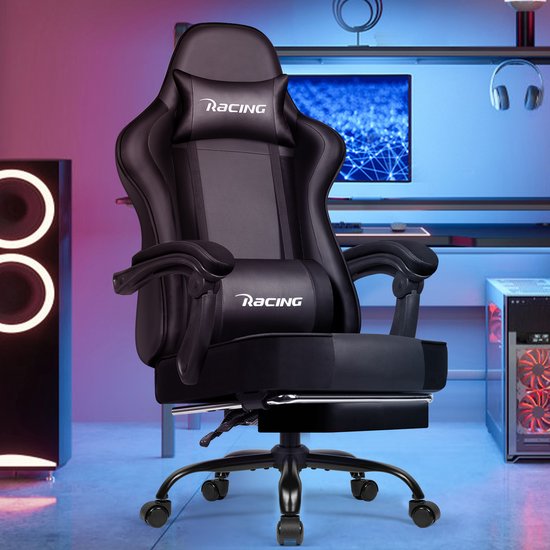 Elekiatech Gaming Stoel – Gamestoel mit 90°-170° Rugleuning – Gaming Chair met Inklapbare Voetensteun – Game Stoel met Zachte Armleuningen – Max. Draagvermogen 150 kg