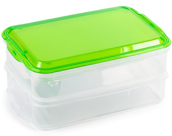 Foto: Plasticforte lunch en vleeswaren bewaarbakjes transparant groen 24 x 16 x 11 cm 2 lagen broodbeleg vershouddoos vershoudbakjes