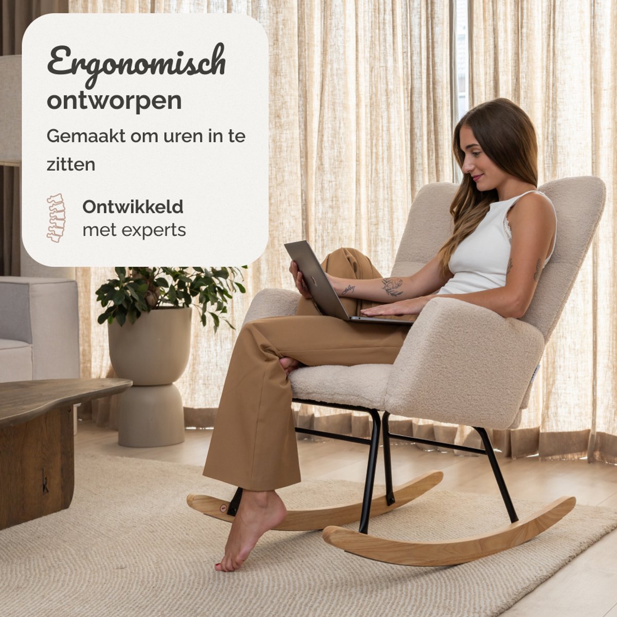 SITTT Schommelstoel - Relaxstoel babykamer - Fauteuil - Voedingsstoel - Roomwit - Beige — afbeelding 3