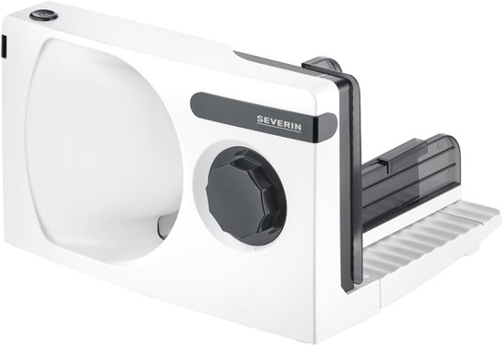 Witte Severin snijmachine met zilverkleurig mes, zwarte knop en grijze geleider.