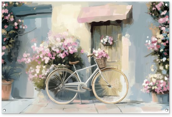 Affiche de jardin 120x80 cm - Décoration de jardin Vélo - Couleurs pastel - Fleurs - Affiche pour le jardin - Décoration extérieure - Tableau de jardin clôture - Décoration murale en tissu de jardin - Décoration murale en tissu de balcon