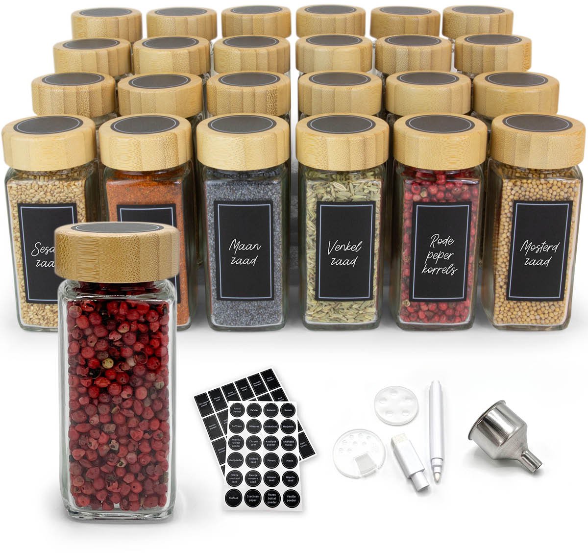 George Napoli 24 Glazen Kruidenpotjes – Vierkant – Bamboe Deksel – 2 Strooideksels – Kruidenstrooier – Spice Jars – 120ml – Met Stickers, Krijtstift en Accessoires op Prijzenvolger.com