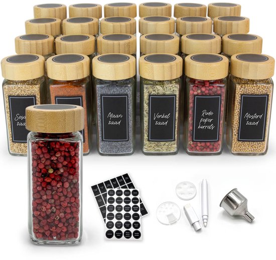 24 pots à épices en verre avec couvercle en bambou, remplis d'épices et de graines, accessoires inclus
