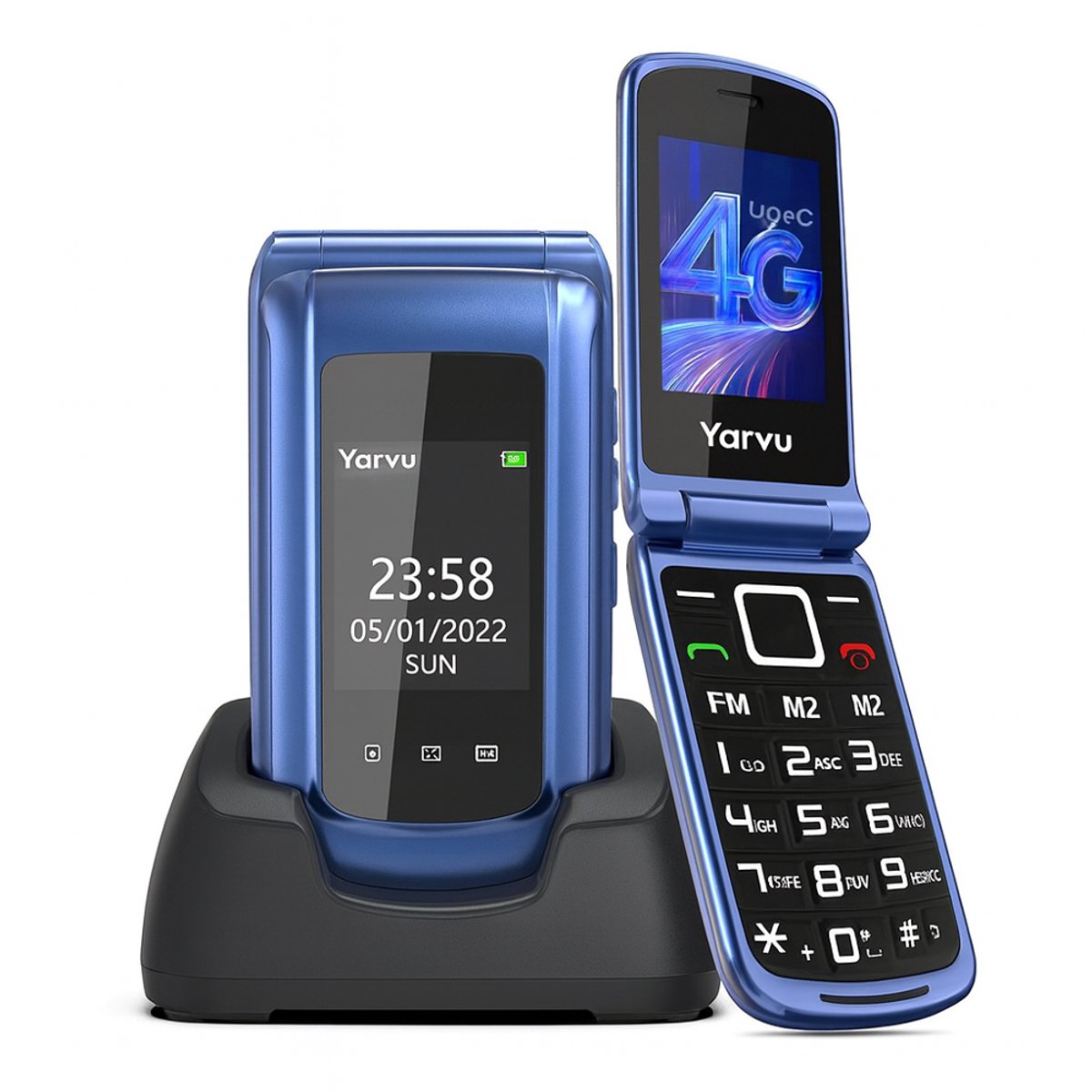 Yarvu - Flip 1 - 4G Senioren GSM + Extra Accu Geleverd + Oplaadstation - Dual Sim - Dual Scherm - Big Button Mobiele Telefoon - Grote Toetsen & Cijfers - SOS Knop - Mobiel - Ouderen - Blauw