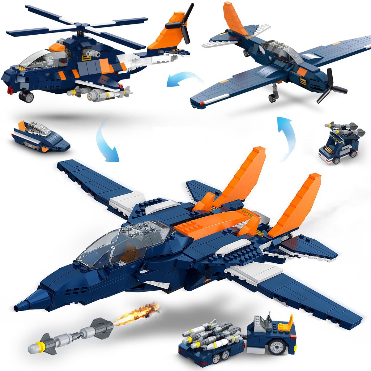 HOGOKIDS 3-in-1 Straaljager Bouwsets - 738 stuks - Militair Propeller Vliegtuig Bouwstenen - Voertuig Straaljager Bouwpakket Speedboot voor kinderen 10 jaar