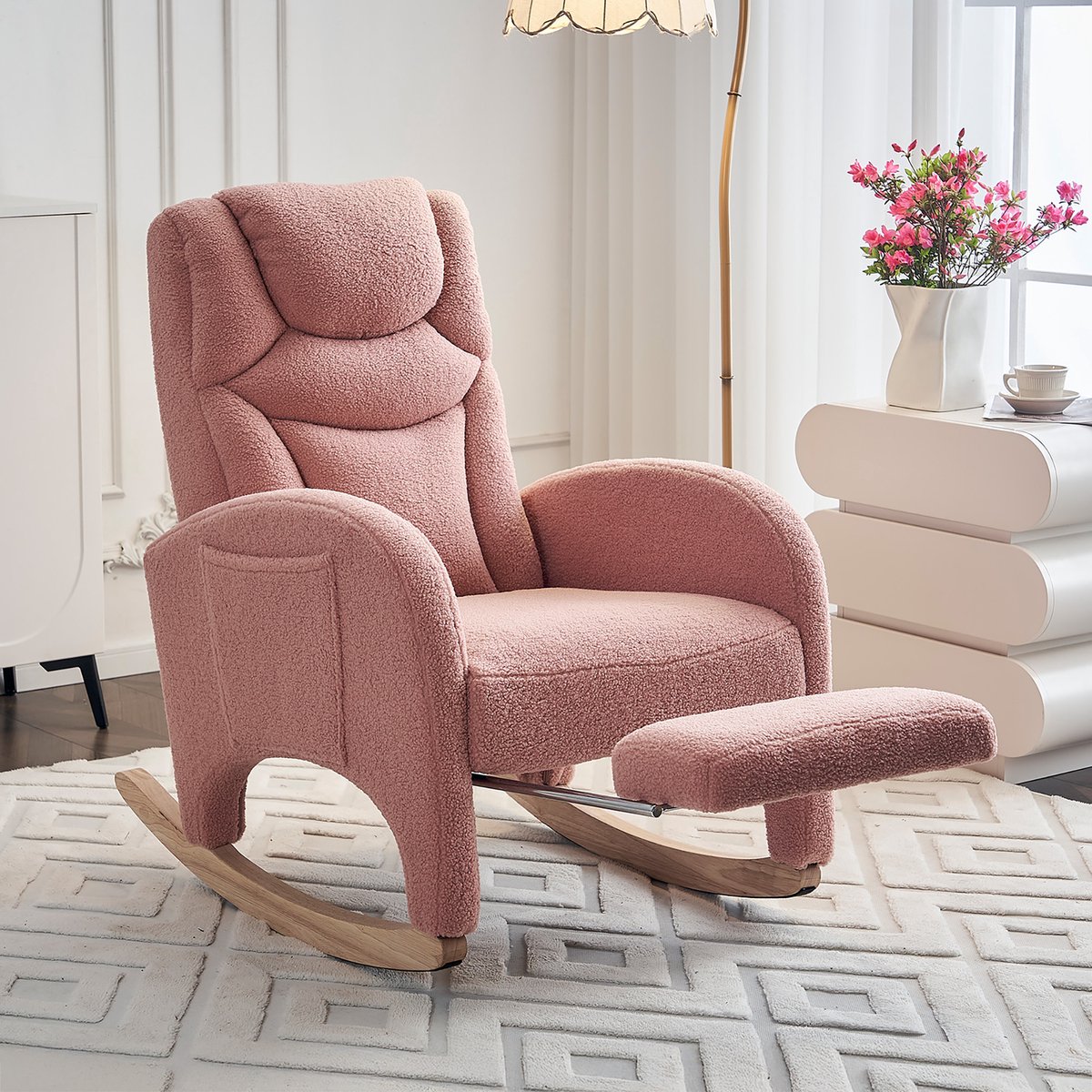 Sweiko Schommelstoel - Relaxfauteuil - Teddy - Met voetsteun - Roze