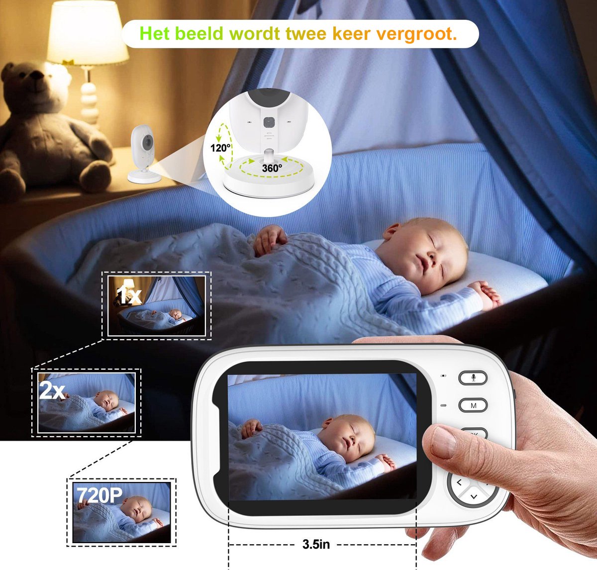 Lumehelbed Videobabyfoon met Camera 3,5" LCD Scherm - afbeelding 2