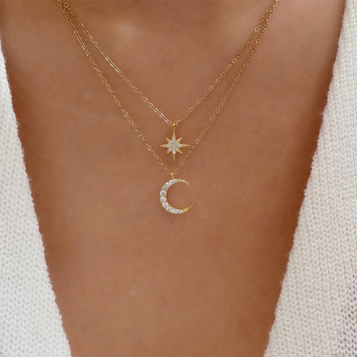 Helin life ketting dames goudkleurig Layerketting- 925 zilver –sterren & maan – Zirkonia – Verstelbaar – Elegante & Tijdloze Sieraden Set – Perfect Cadeau voor Vrouwen-Goud