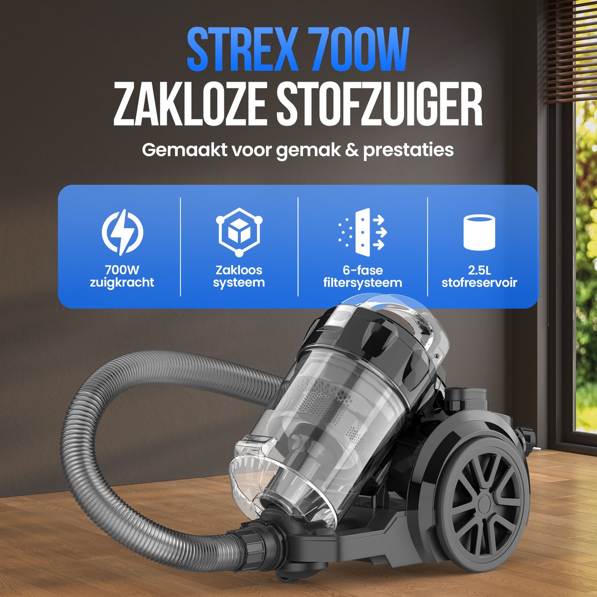 Strex Stofzuiger Zonder Zak - 700W Krachtige Zakloze Stofzuiger - HEPA Filter - 2.5L Stofreservoir - Extra Lang Snoer - Inclusief 4 Opzetstukken — afbeelding 2