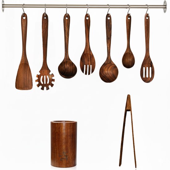 Set d'ustensiles de cuisine en teck de Premium Natural Answer, 9 pièces, avec récipient et Crochet | Spatules en bois | Cuillères à servir en bois | Teck