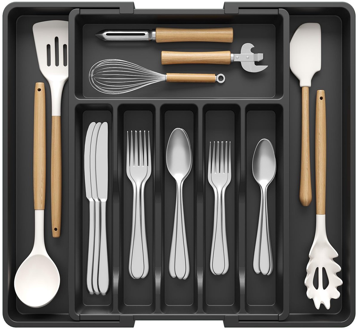 TTLUOKER®Besteklade Uitschuifbaar met 8 Vakken - Verstelbare Keukenlade Organizer voor Bestek (Lepels, Vorken, Messen) - 33.5x38cm (Uitschuifbaar tot 57cm) - Zwart