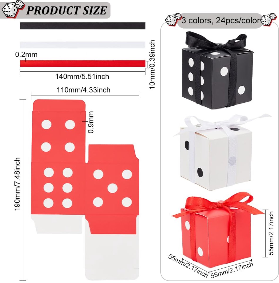 72 Sets Geschenkdozen - Grote Vierkante Dobbelstenen 5,5 cm - Rood, Zwart en Wit met Strik